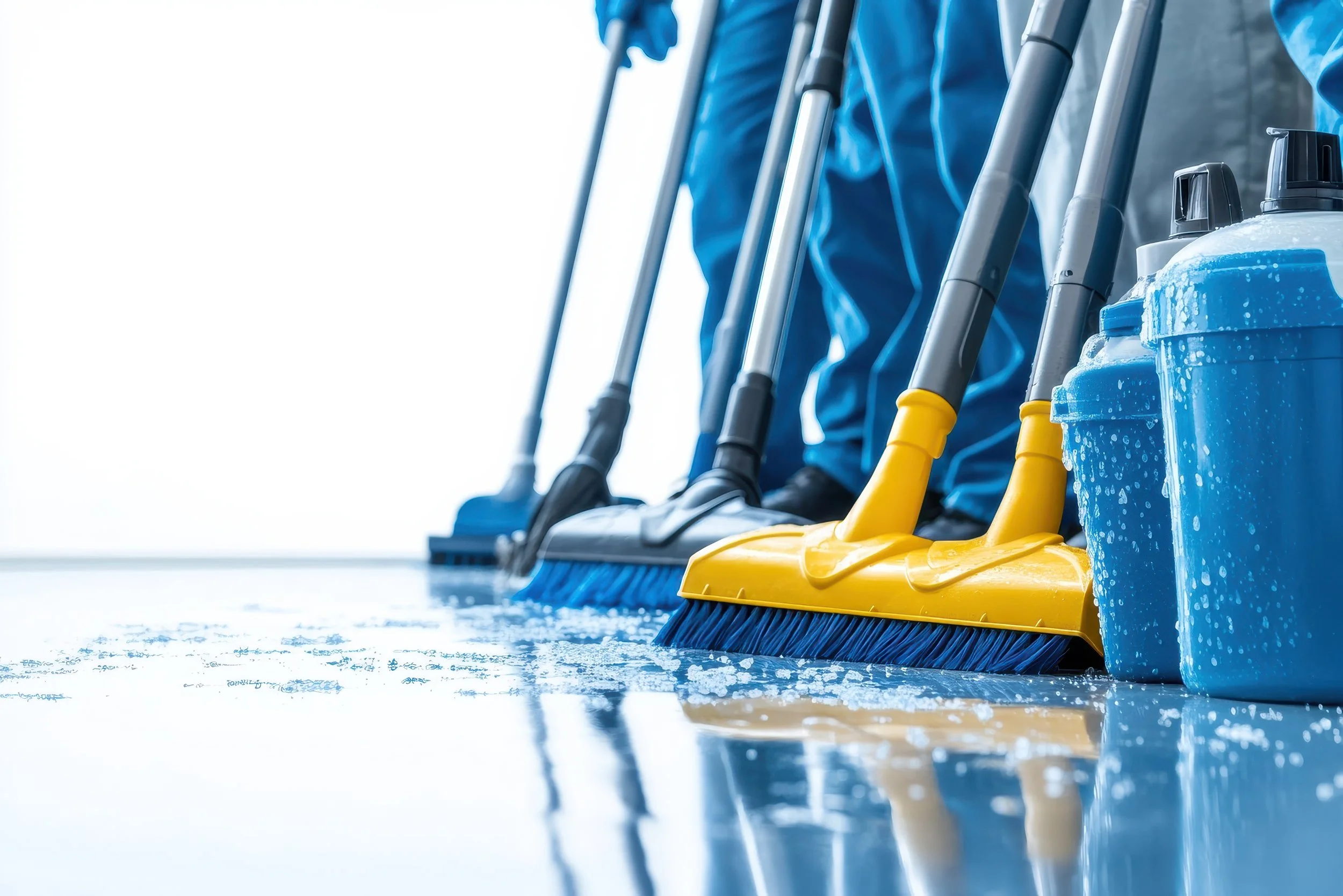 Persone che usano scope e secchi per pulire un pavimento.