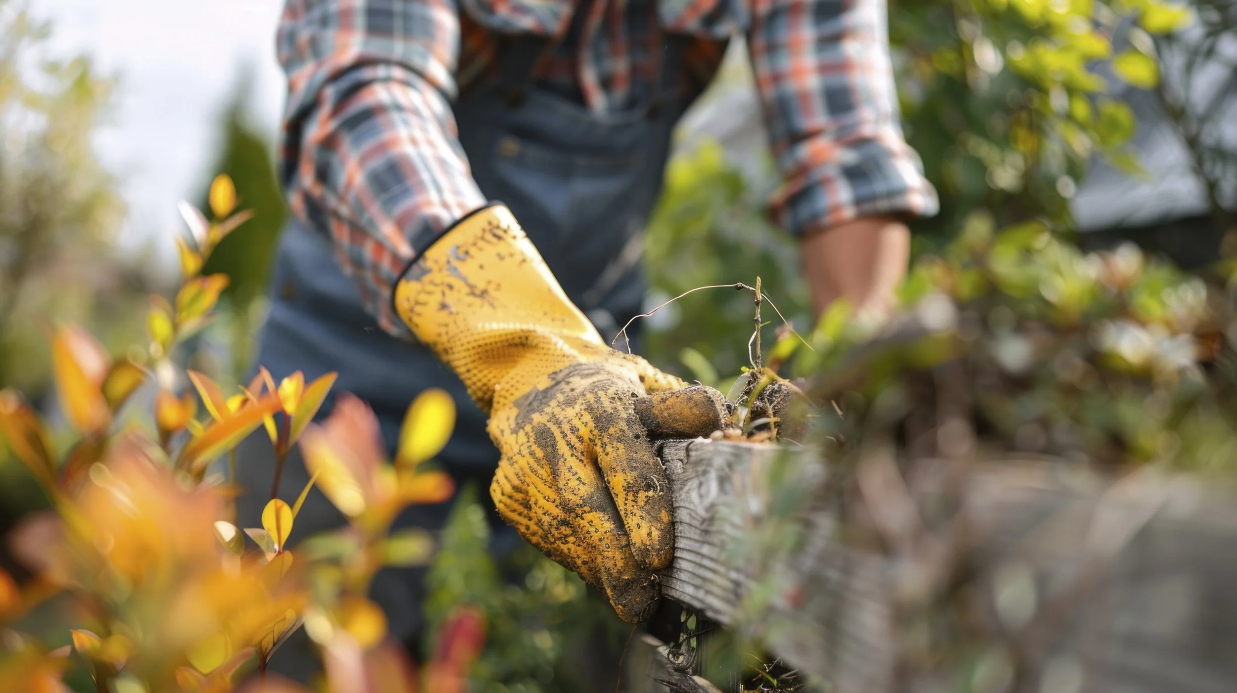 Una persona indossa guanti gialli e coltiva piante in un giardino.