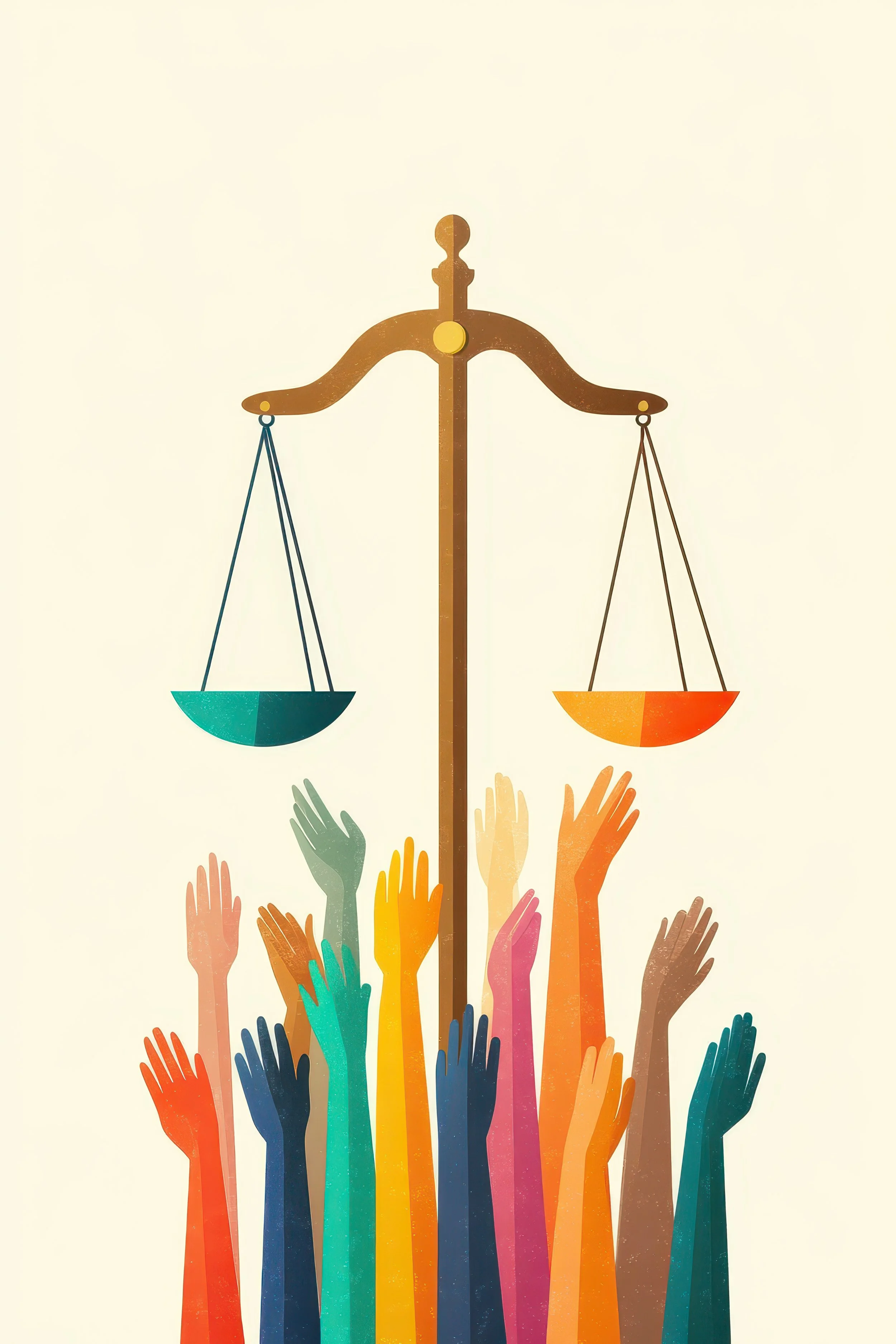 Bilancia con piatti a colori diversi sopra molte mani colorate che cercano di alzarla.