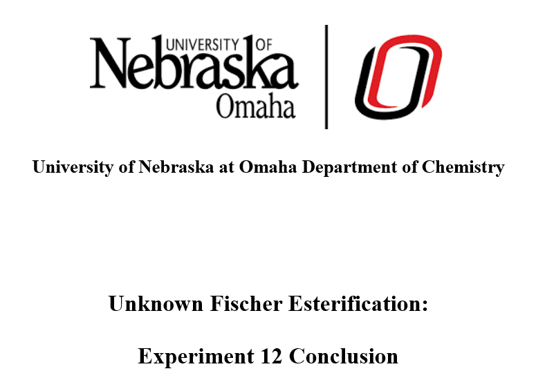This was an Organic Chemistry lab report based on completion of Fischer esterification followed by organic testing methods to determine the identity of the unknown alcohol used with acetic acid. I correctly guessed hexanol for my compound.