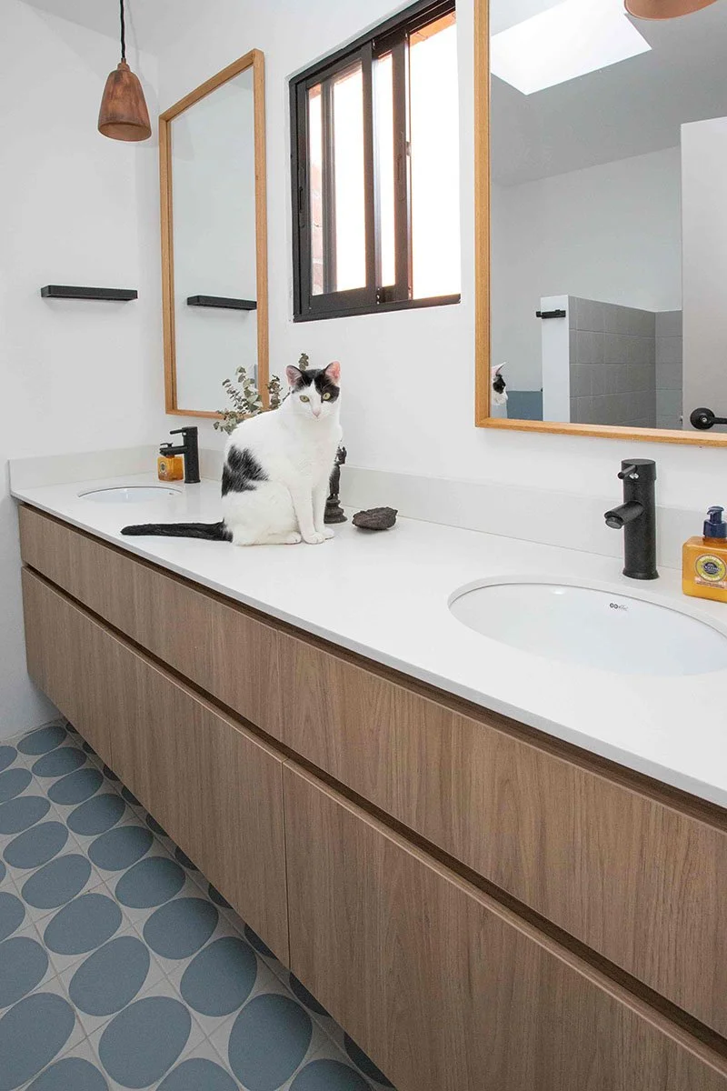 Un baño con lavabo de madera clara, doble lavamanos, dos espejos, estanterías negras, una ventana con reja, un gato blanco con negro sentado en el lavabo, y otros detalles decorativos.