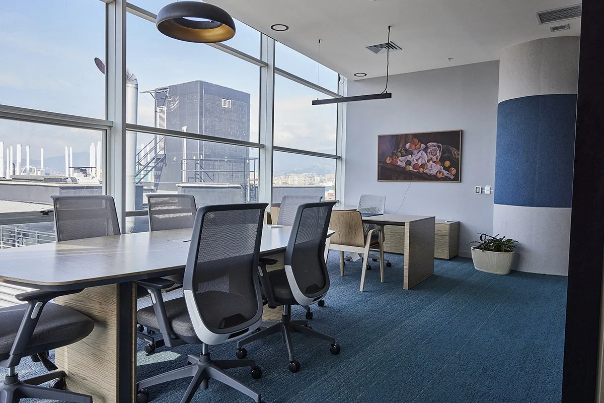 Una moderna sala de reuniones con una mesa grande y sillas ergonómicas, ventanas grandes que muestran un edificio y el cielo, una pintura en la pared y una planta en una maceta