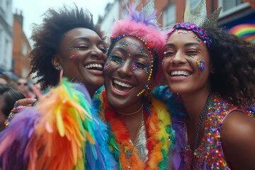 Three women dressed in colorful, glittery costumes with rainbow accessories, smiling and celebrating at a Pride parade.
