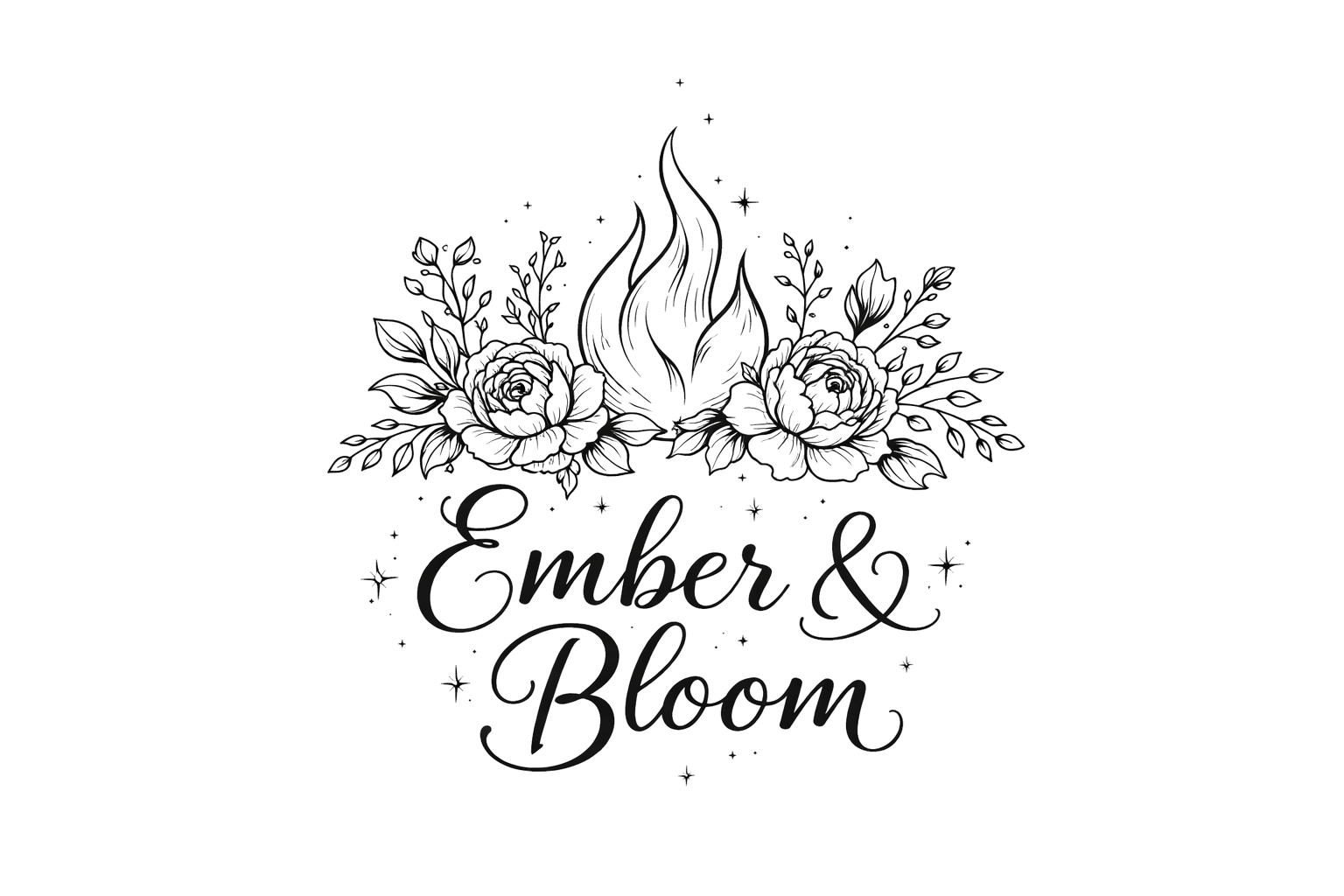 A black background with a white line drawing of a flame, surrounded by roses and leaves, with the text "Ember & Bloom" beneath.