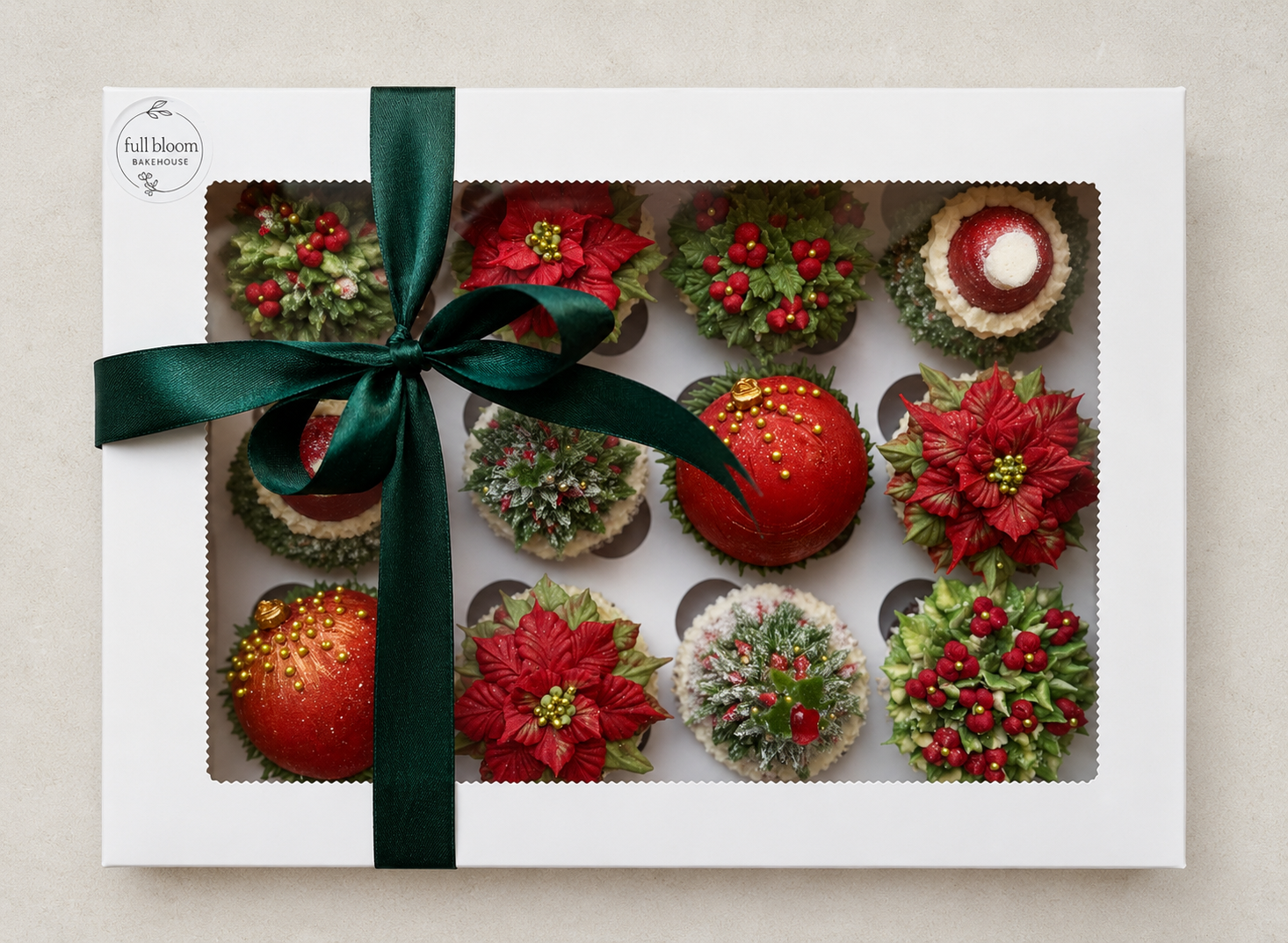 Hand-piped Christmas cupcakes featuring a realistic Christmas tree, Santa hat, red poinsettia, festive red berries and Christmas holly leaves, handcrafted in Dublin by Full Bloom Bakehouse. Perfect for Christmas parties, festive gifting, corporate Ch