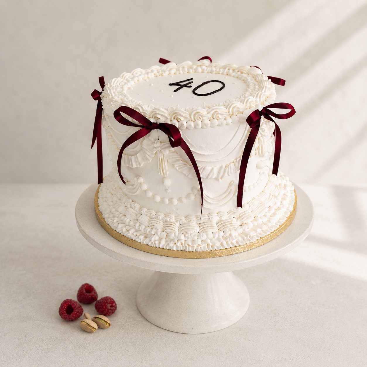 Vintage Lambeth cake in elegant off-white buttercream, finished with deep burgundy satin ribbons and handcrafted in Dublin by Full Bloom Bakehouse. Featuring pistachio sponge, pistachio ganache and raspberry compote, this luxury celebration cake is p