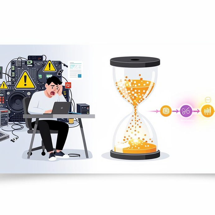 A person looks stressed in front of a computer surrounded by warning signs and cables, with a digital hourglass symbol in the center representing time or process.