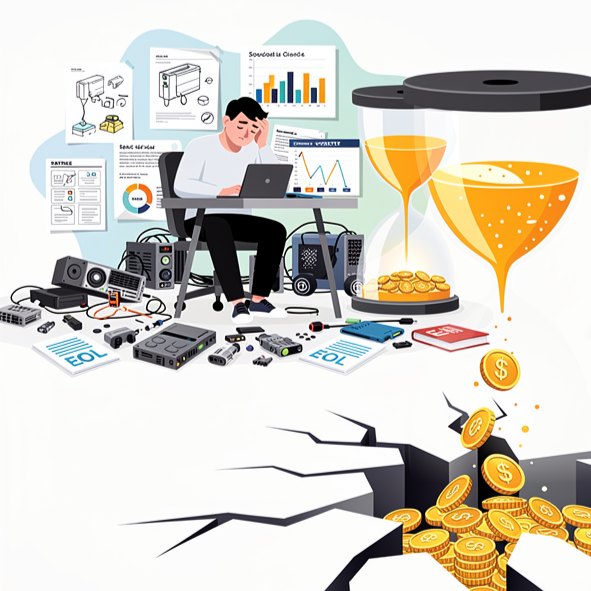 A person sitting at a desk with charts, graphs, and technical documents on screens and walls, surrounded by electronic equipment and cables. Two large funnels pour money into a hole, with coins and dollar signs falling into the gap.