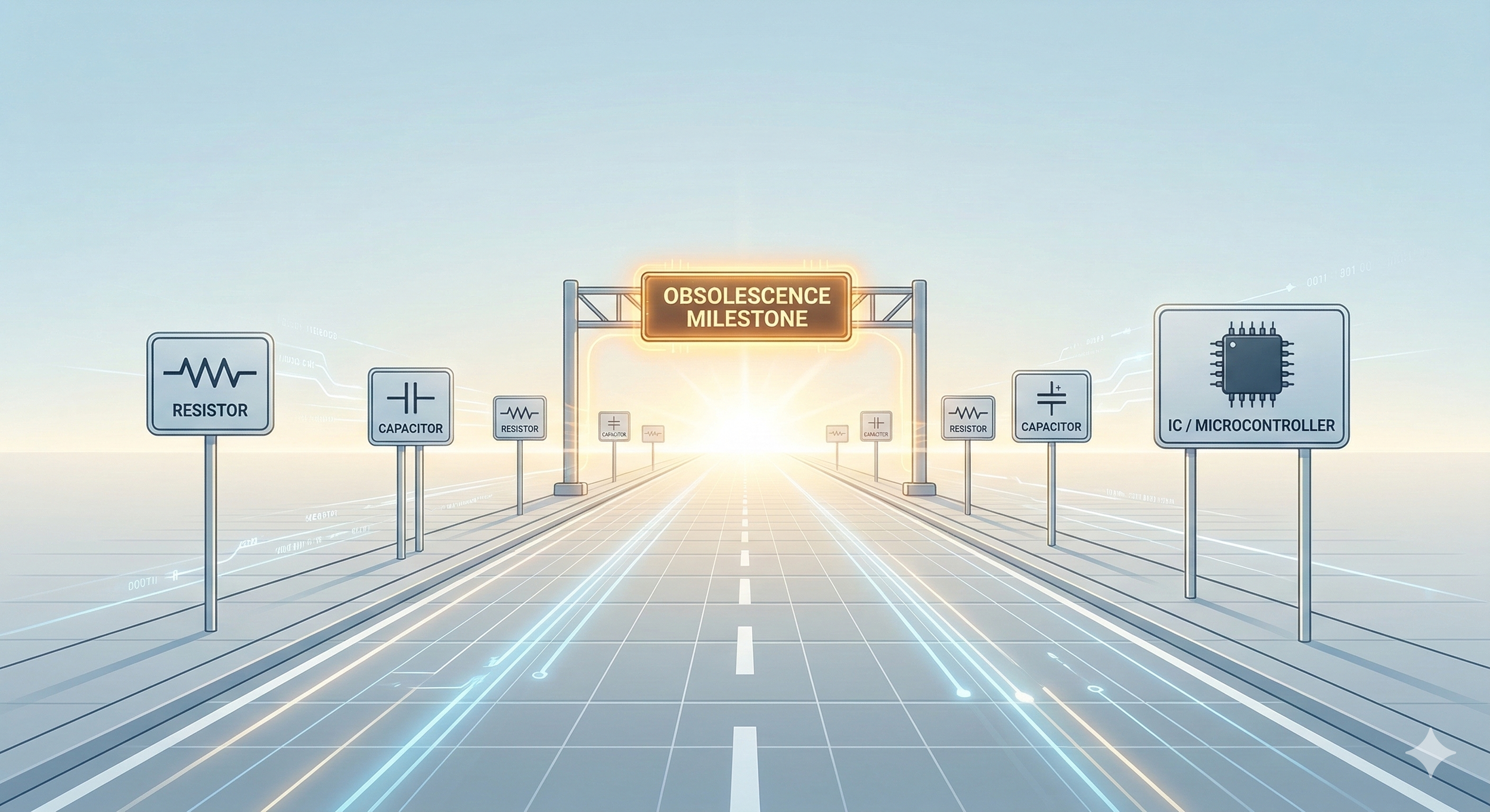 Digital illustration of a futuristic road with signs labeled resistors, capacitors, and microcontroller, leading to a milestone marked 'Obsolescence' at the horizon, symbolizing technology evolution.
