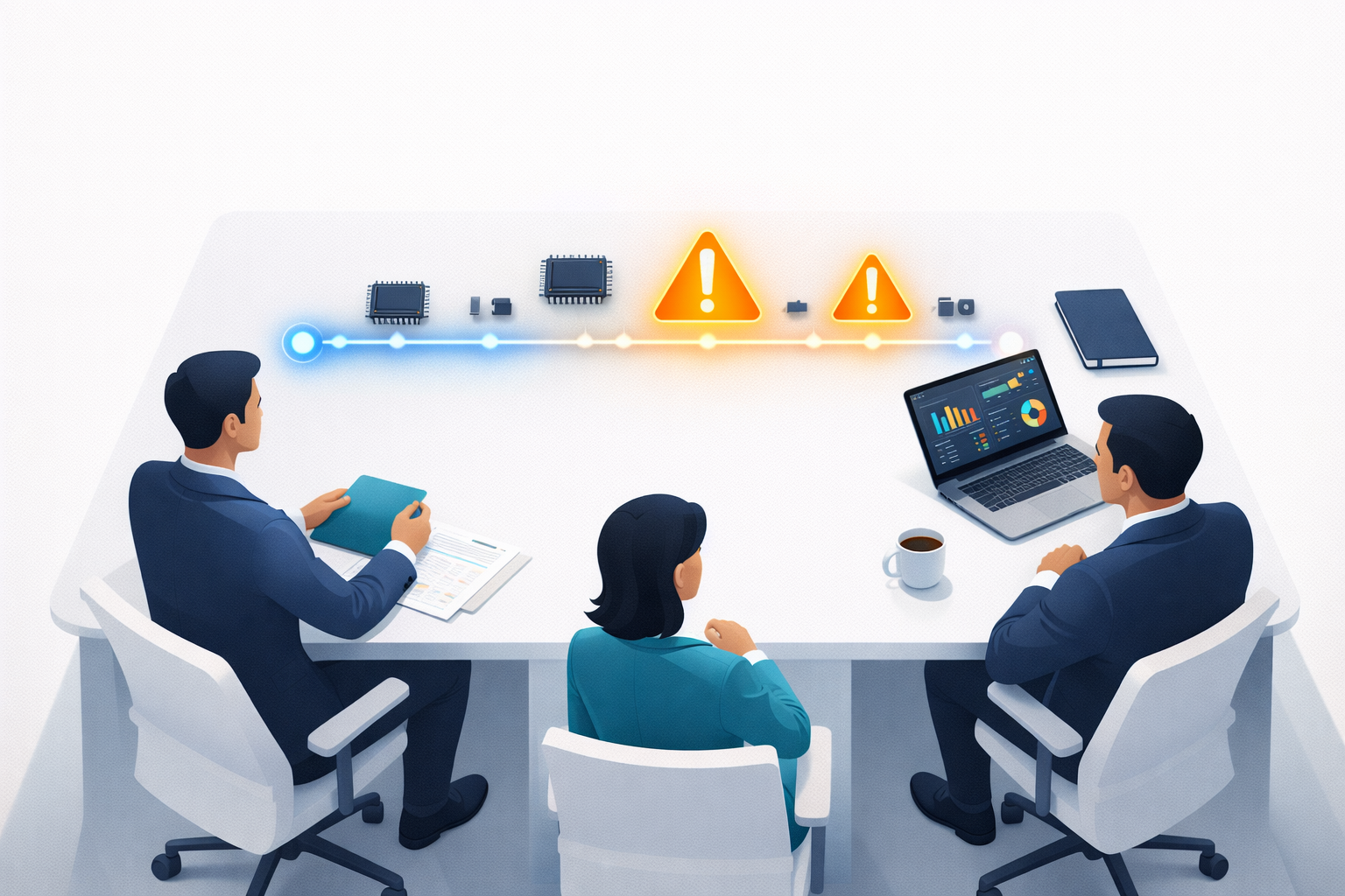 Business meeting with three people analyzing a digital display of electronics with warning signs, graphs on laptop, and documents on the table.