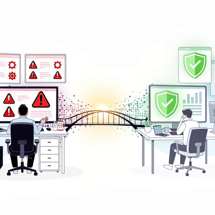 Two individuals working at separate desks with computer screens, one showing error alerts and the other showing security shields and data charts, connected by a digital bridge symbolizing cybersecurity.