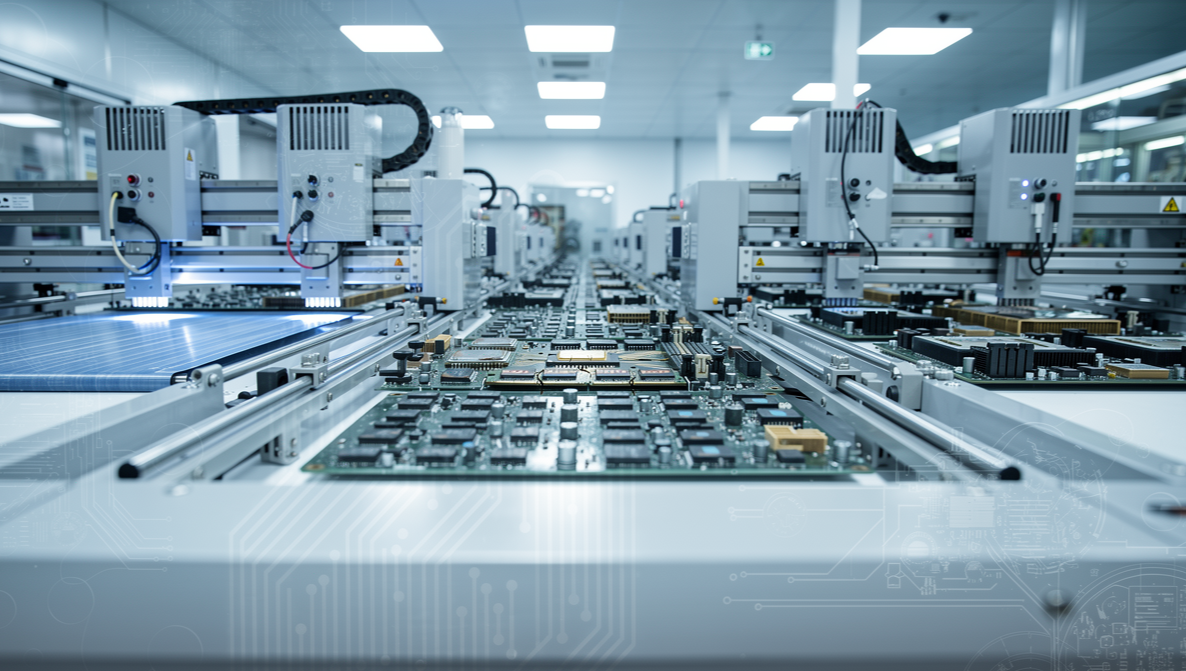 Automated manufacturing machine assembling circuit boards in a high-tech factory.