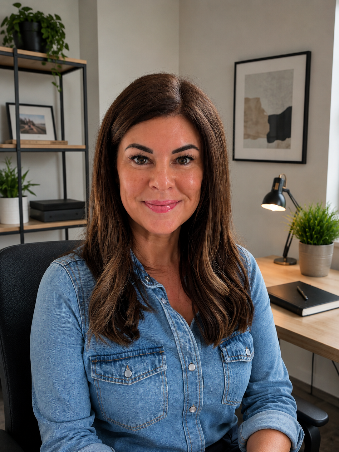 A smiling woman with brown hair sitting in a home office with shelves, a desk lamp, framed pictures, and potted plants in the background.