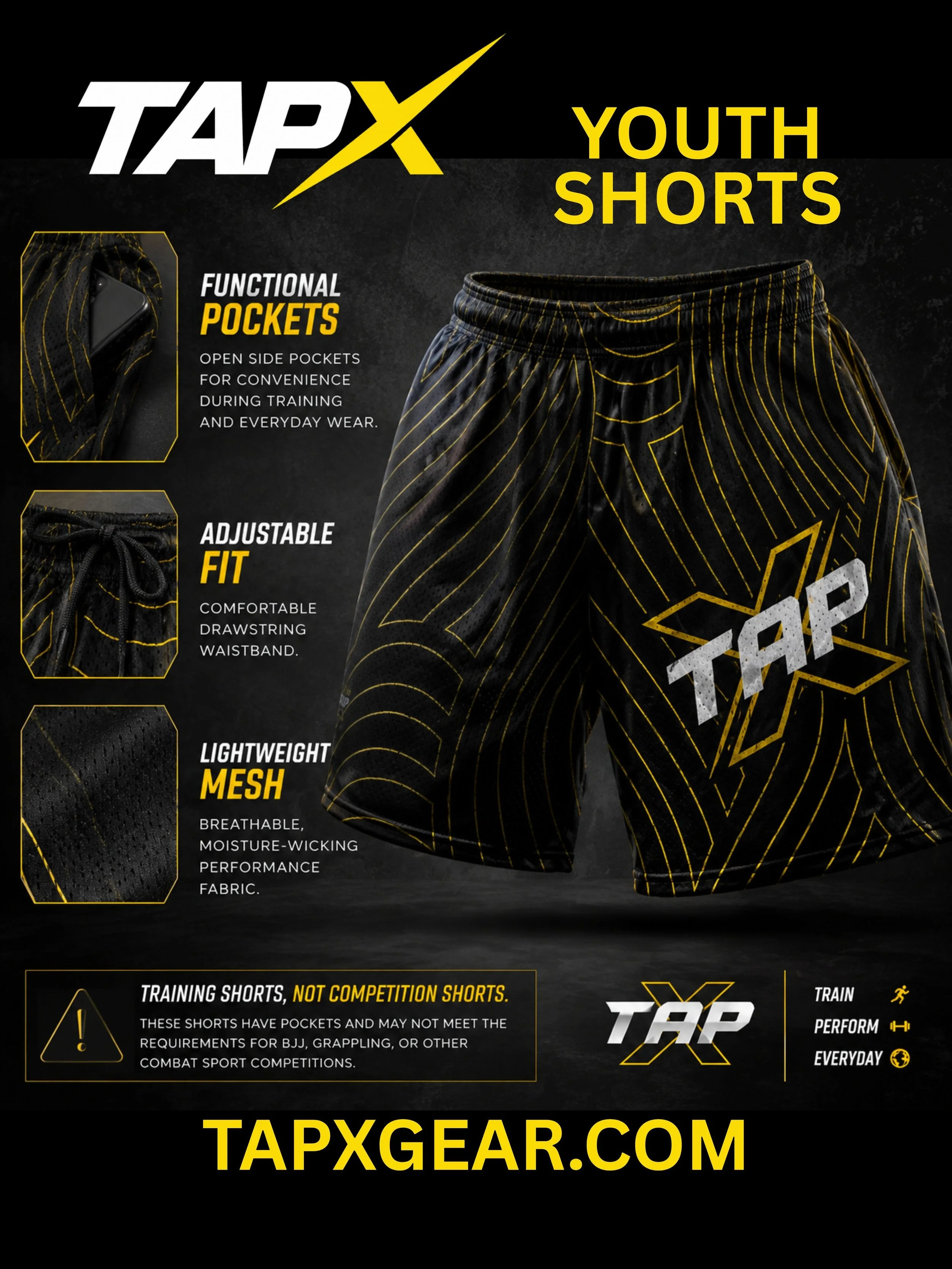 New training item in the store. Youth all over print mesh training shorts with pockets. tapxgear.com