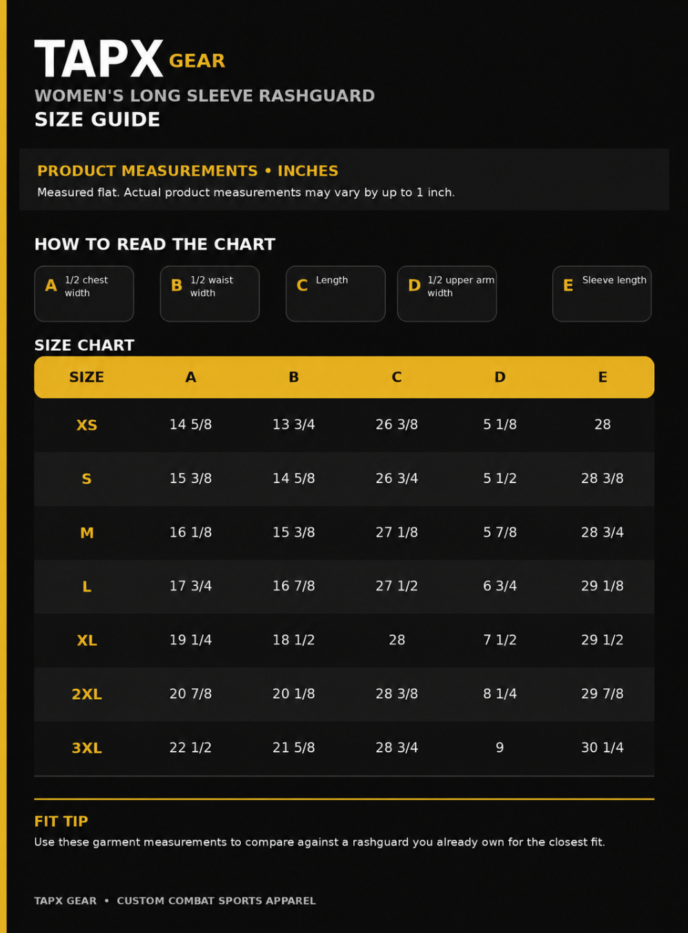 Size chart for women's long sleeve rashguard from TAPX GEAR, showing measurements for sizes XS through 3XL in inches, including chest width, waist width, length, upper arm width, and sleeve length.