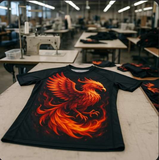 Black T-shirt with a fiery orange phoenix design laid out on a worktable in a garment workshop.