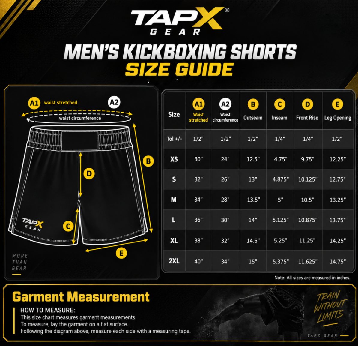 Size chart for men's kickboxing shorts by TAPX Gear showing measurements for waist stretched, waist circumference, outseam, inseam, front rise, and leg opening, with a diagram of the shorts and size options from XS to 2XL.