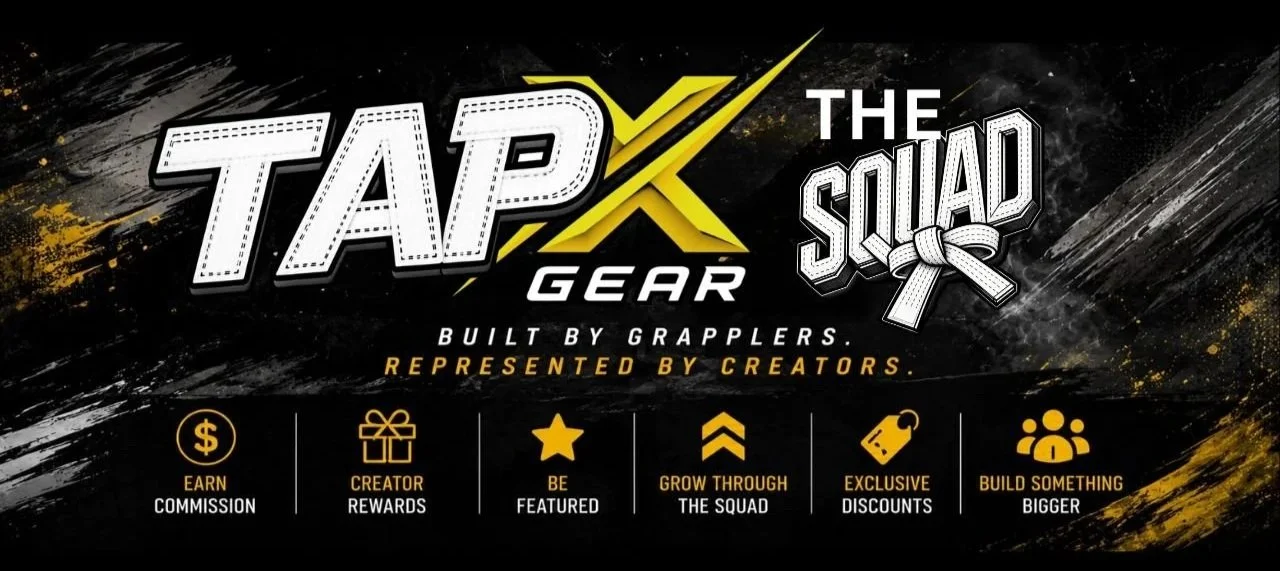 Promotional graphic for TapX Gear and The Squad, featuring bold text and icons describing earning commissions, creator rewards, being featured, growing through the squad, exclusive discounts, and building something bigger, with a black and yellow color scheme.