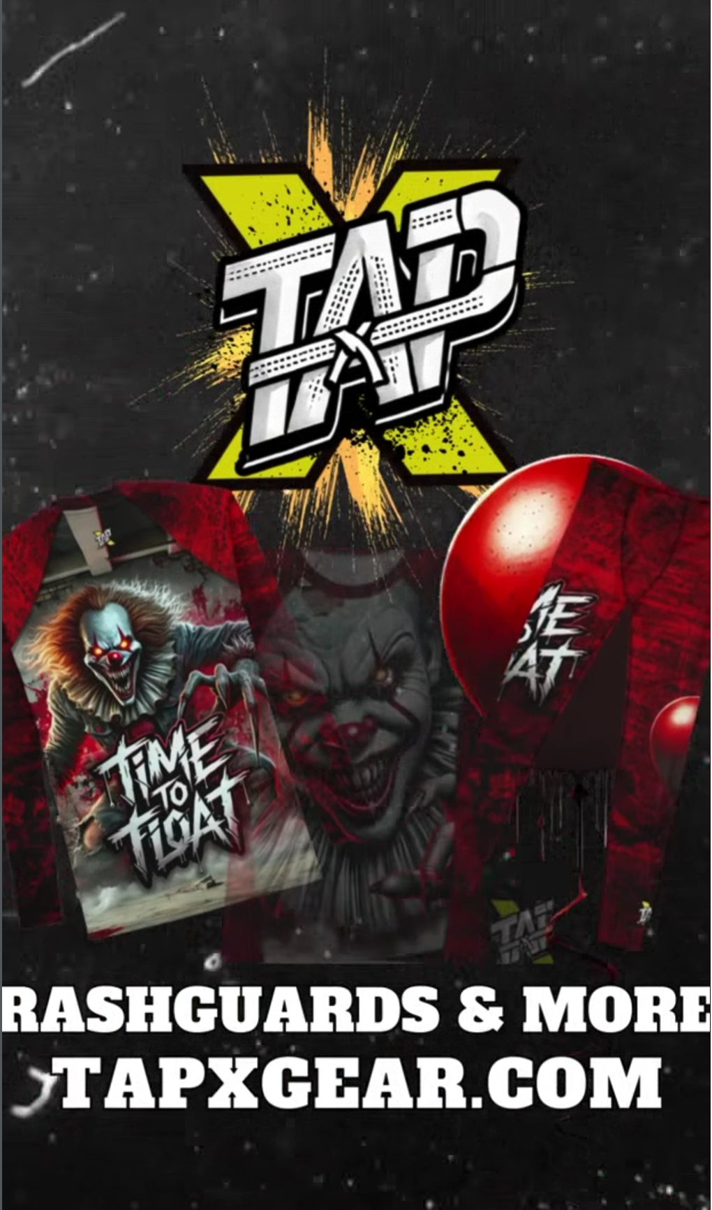 Horror-themed merchandise display with items such as t-shirts and hats featuring clown and horror movie characters, with the slogan "Time to Fight" and a website URL tattooXgear.com.