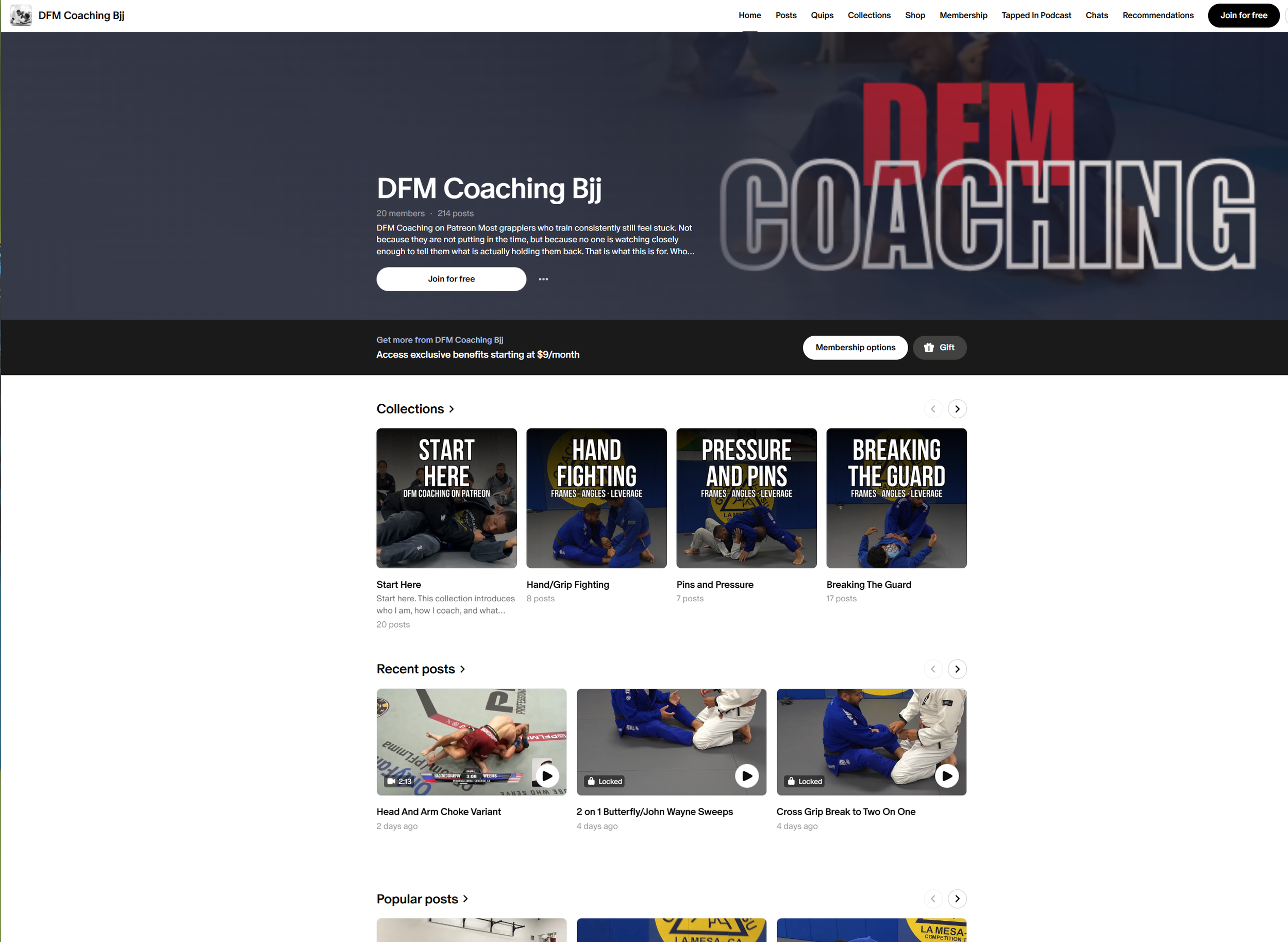 Screenshot of DFM Coaching Bjj website homepage featuring navigation menu, group photos of Brazilian Jiu-Jitsu (BJJ) practitioners, and video thumbnails demonstrating various techniques.