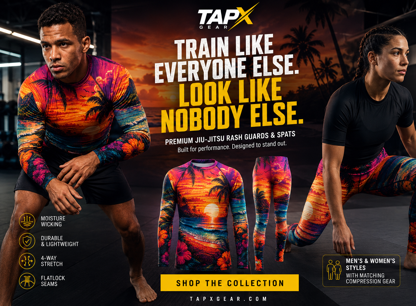 Advertisement for TapX Gear sportswear featuring models wearing colorful tropical print rash guards and leggings, with sunset background and product details.