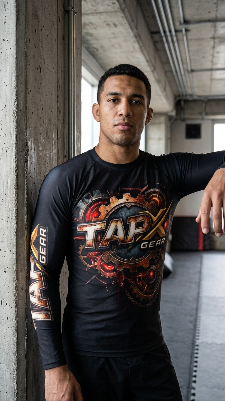 TapX Gear Adult Jiu-Jitsu Rash Guard -Red Monkey Team Long Sleeve Compression Shirt