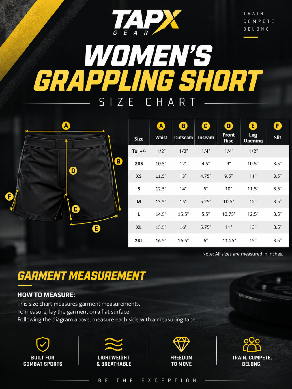 Size chart for TapX Gear Women's Grappling Shorts showing measurements for waist, outseam, inseam, front rise, leg opening, and slit, with a visual diagram of the shorts.