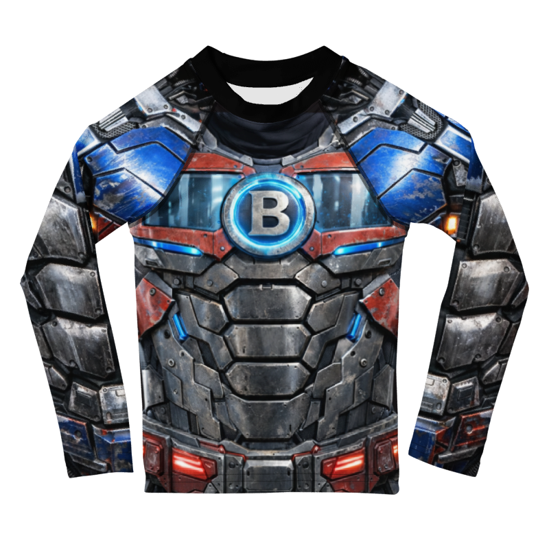 A futuristic superhero costume with metallic armor, blue and red accents, and a large letter 'B' on the chest.