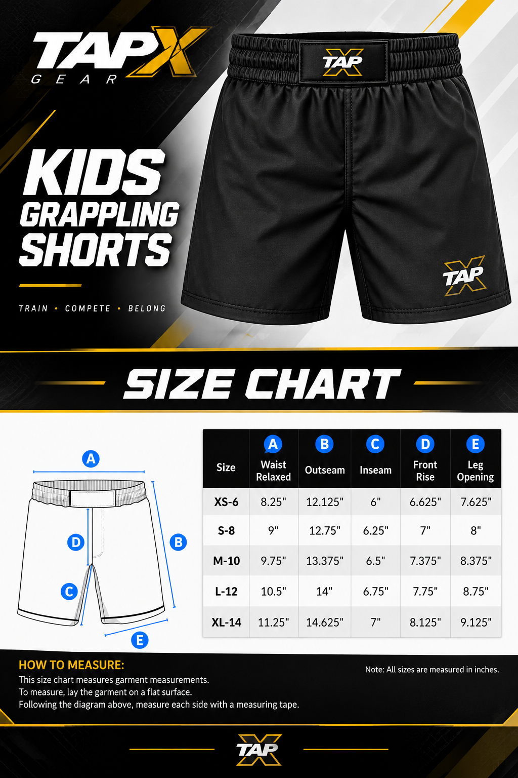 Size chart and image of black kids grappling shorts from TAP X Gear with logo and measurements for different sizes.