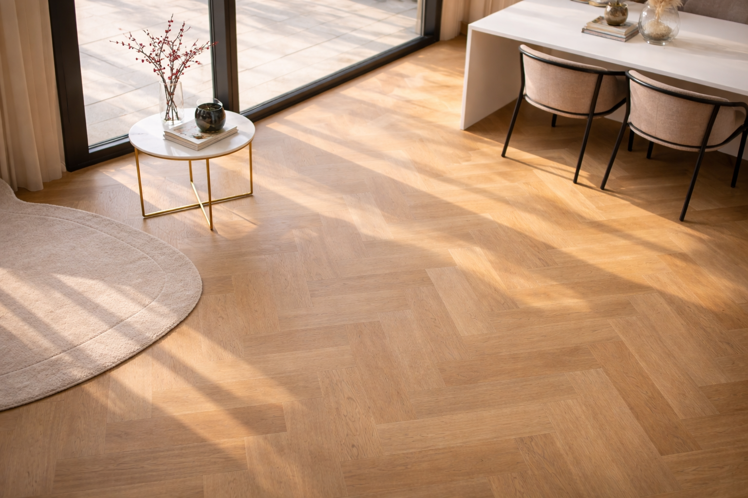 Living room with hardwood floor, round beige rug, small round side table with glass top and gold legs, decorative vase with branches, and a white desk with two chairs