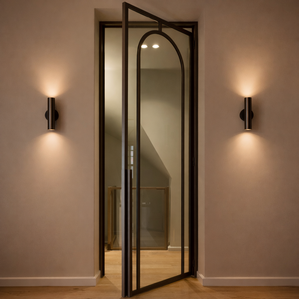 A modern glass door with a black metal frame, flanked by two black wall sconces emitting warm light, opening to a room with hardwood floors and a beige wall.