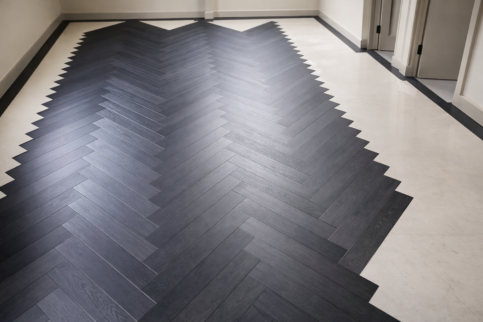Black chevron pattern wooden flooring in a room with white walls and doors.