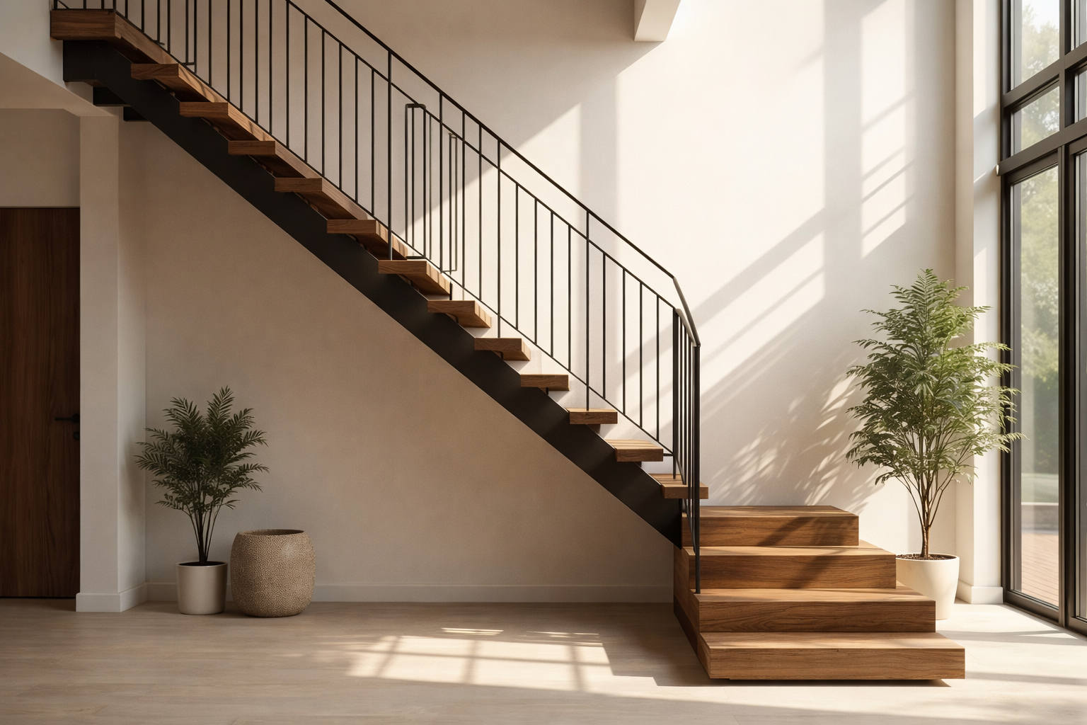Interior view of a modern staircase with wooden steps, black metal railing, and sunlight casting shadows on a large white wall. Two potted plants are positioned at the bottom of the stairs near large glass windows.