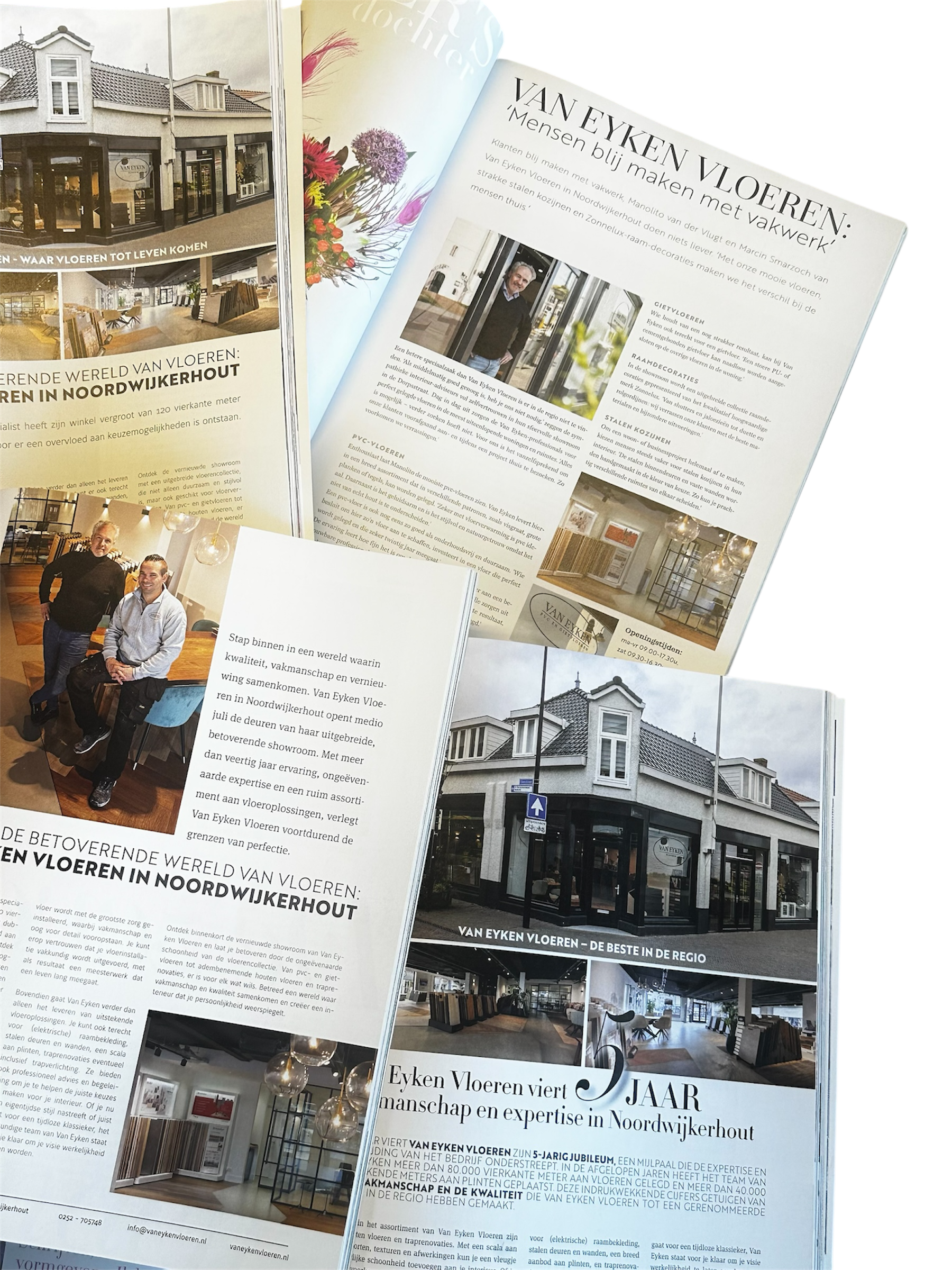 A collection of magazines and brochures showcasing the interior and exterior of Van Eyken Vloeren, a flooring and craftsmanship business in Noordwijkerhout, Netherlands, including images of the store, employees, and flooring options.