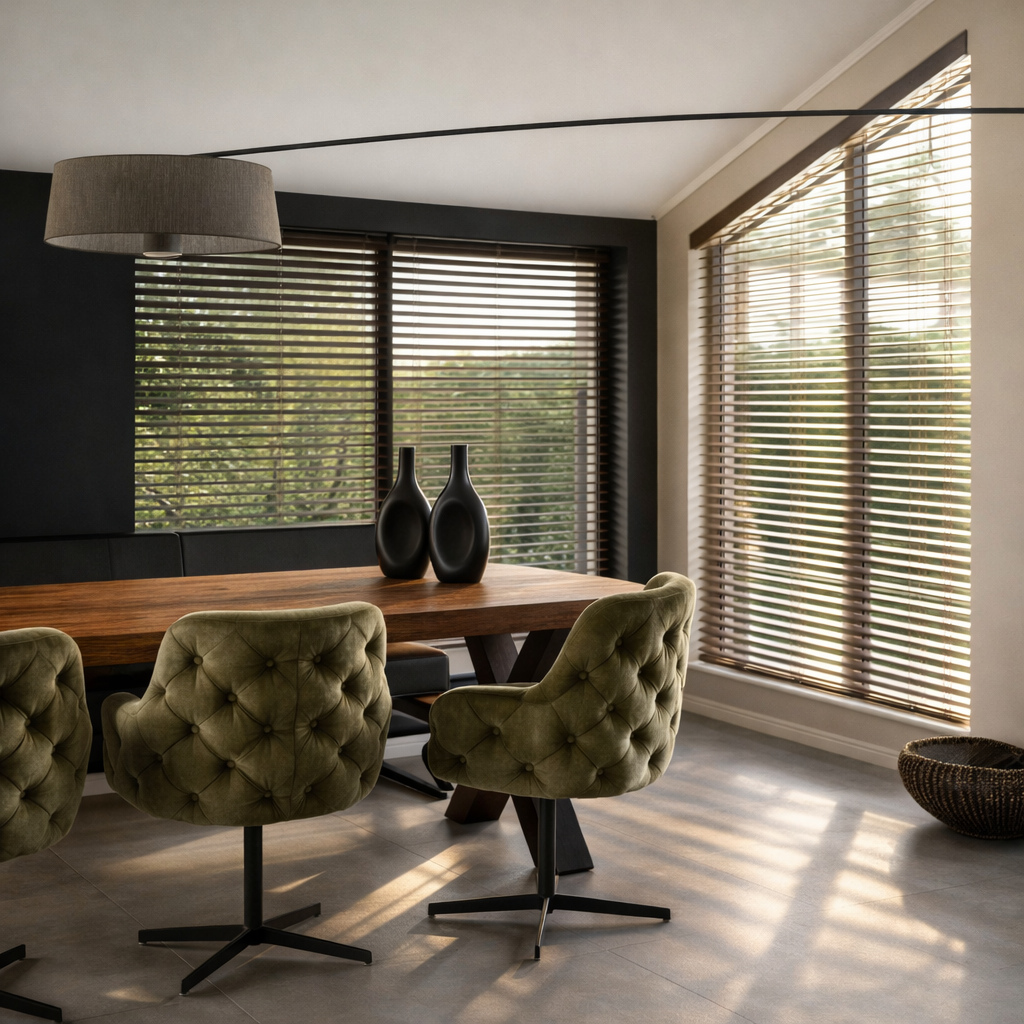 Modern dining room with a wooden table, four olive green tufted chairs, black vases, large windows with wooden blinds, and a woven basket on the floor.