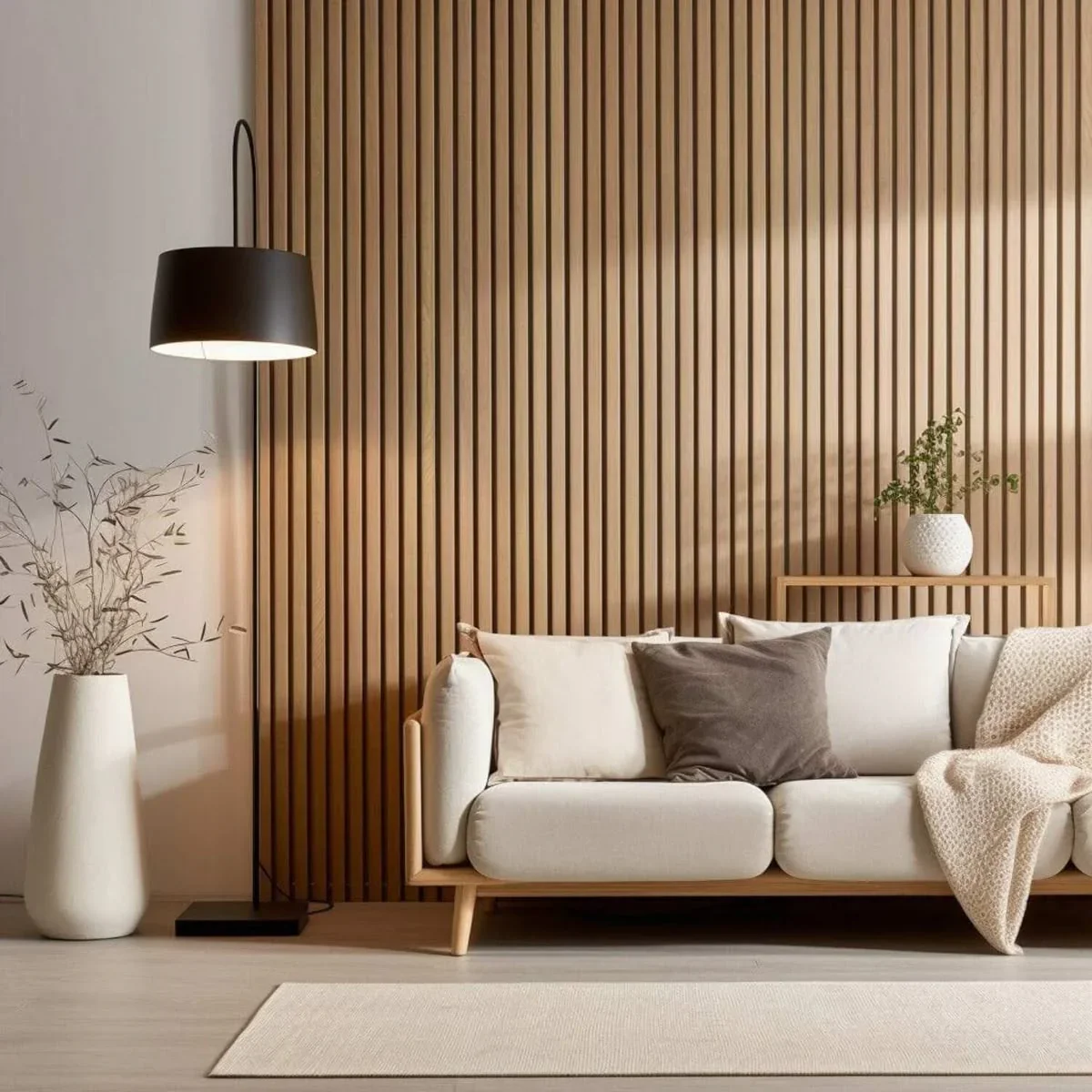 Modern living room with a cream sofa, decorative pillows, a wooden slat wall, a black floor lamp, a large white vase with a plant, and a small shelf with a white textured vase and plant.