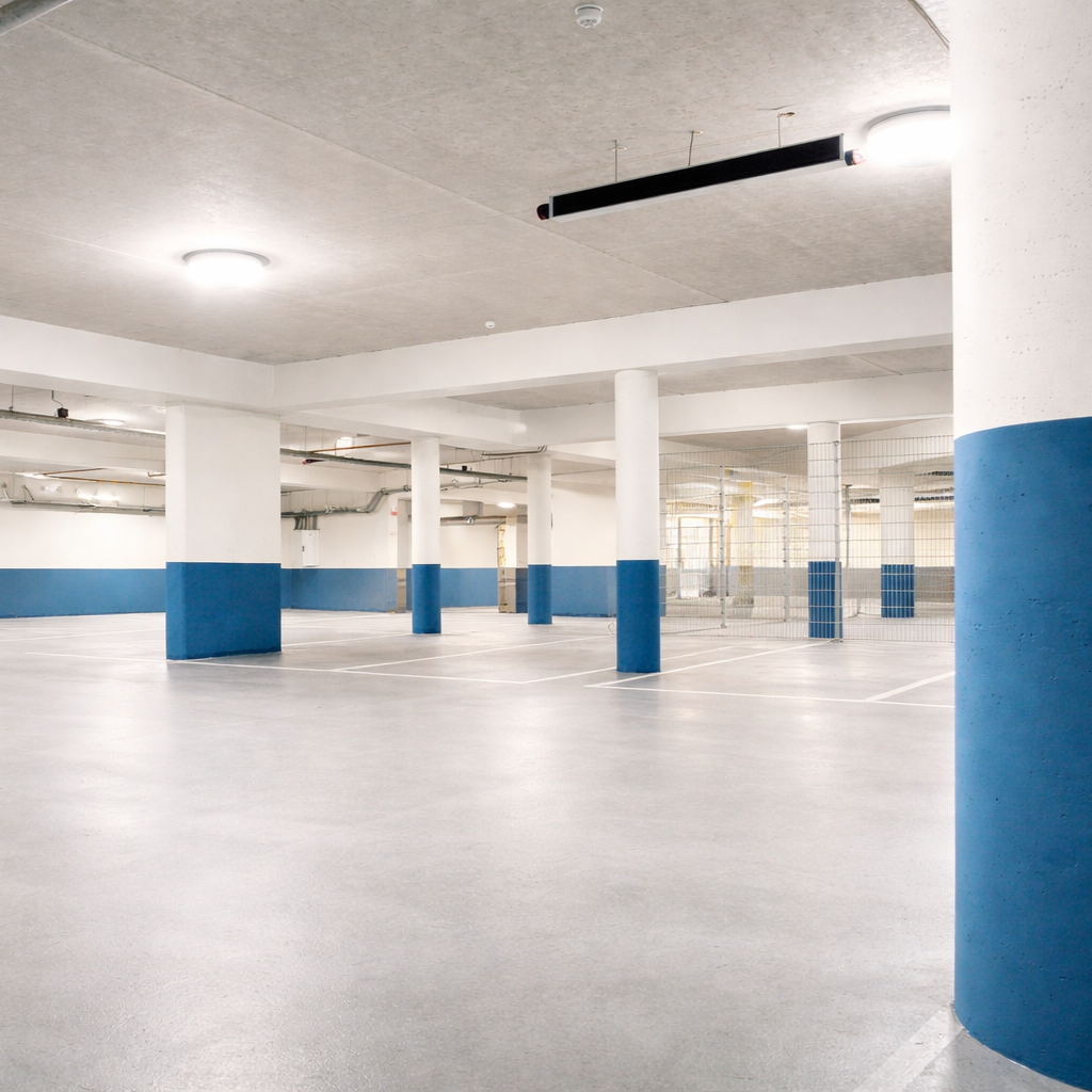 Empty indoor parking garage with white walls, blue accents on columns, and bright overhead lighting.