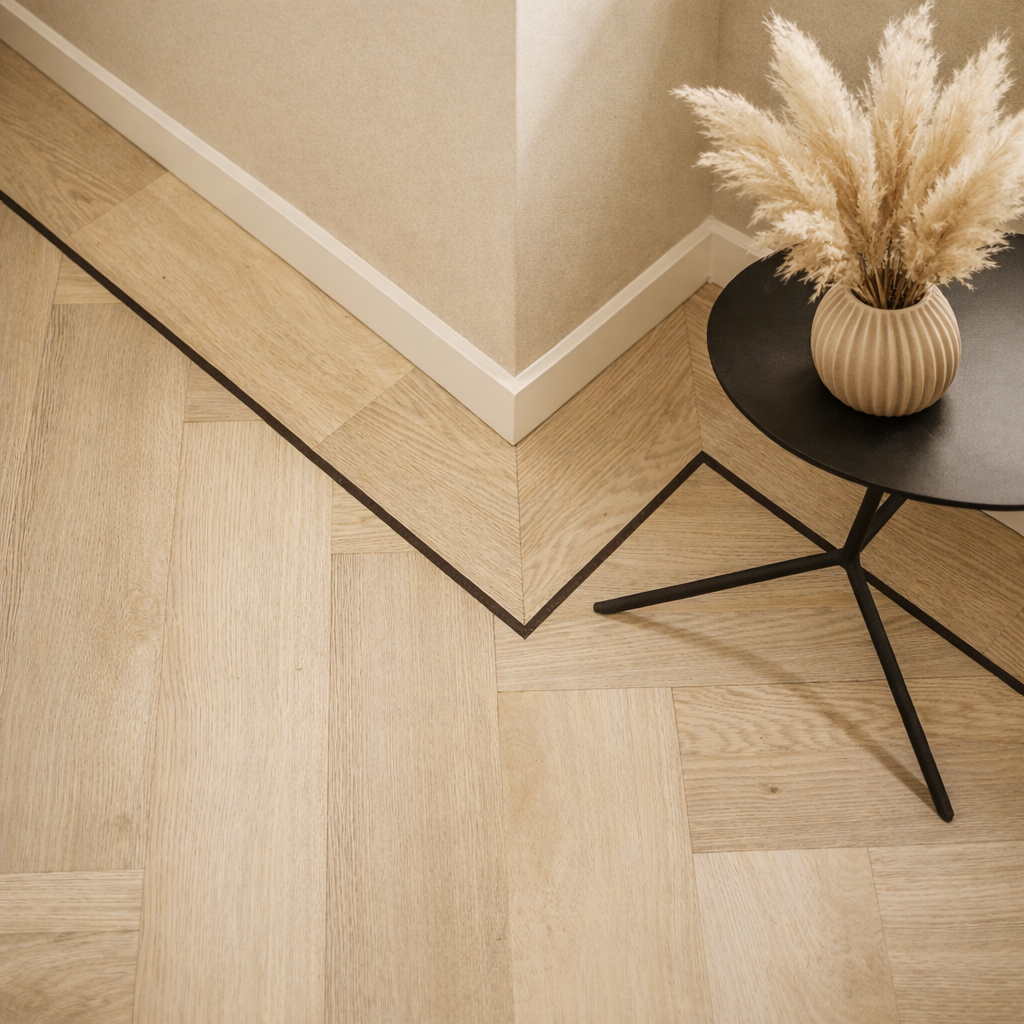 Close-up of a corner in a room with light wooden flooring, a black side table, and a beige vase with dried pampas grass.