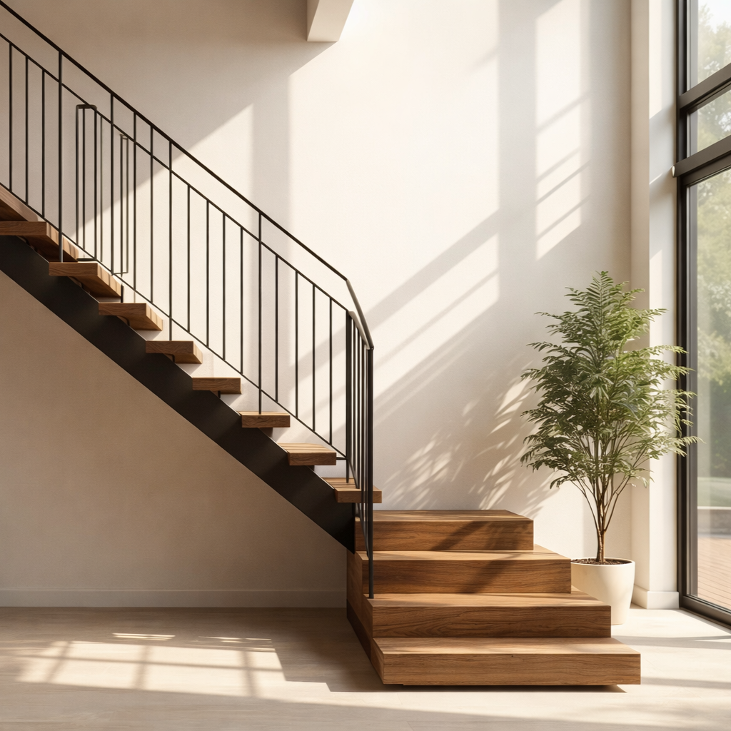Modern staircase with wooden steps and black metal railing next to a large window with sunlight streaming in, casting shadows on the wall.