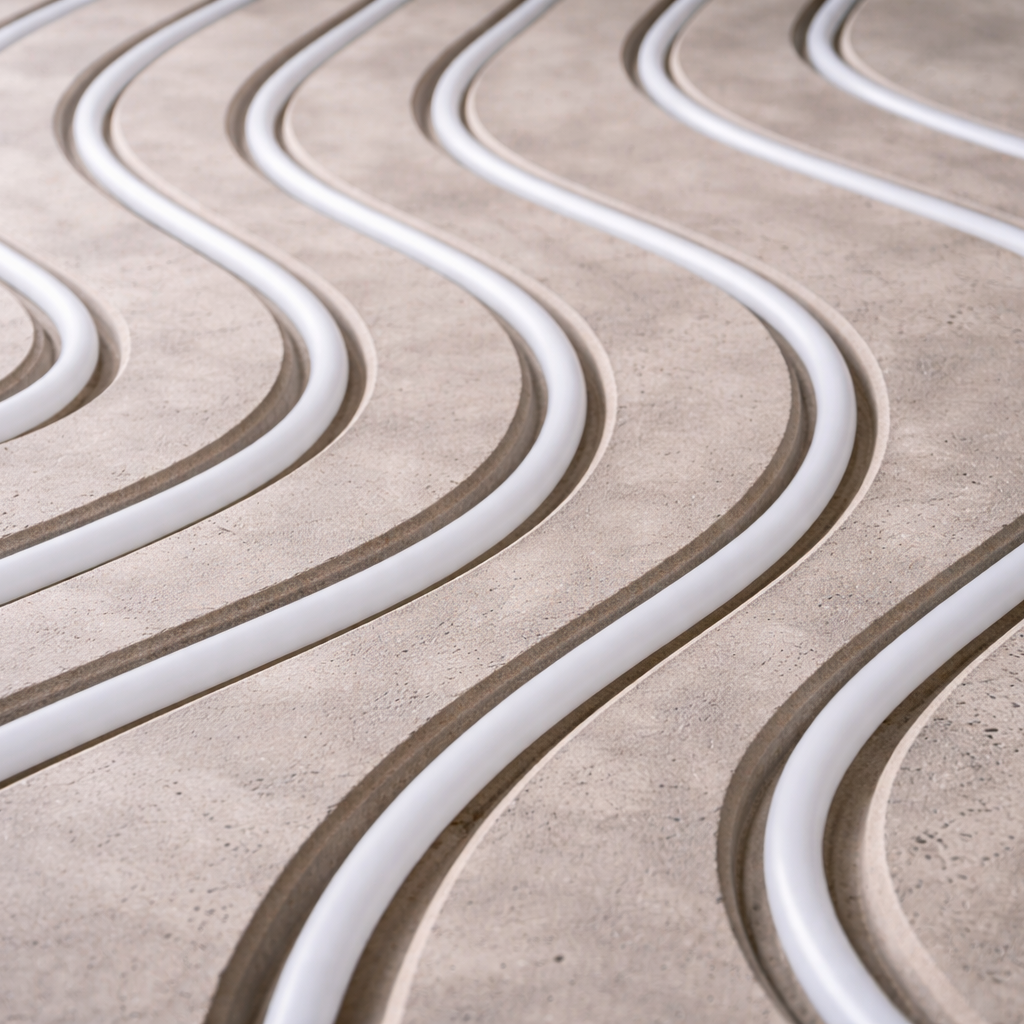 Curved white pipes embedded in a concrete floor, forming a wavy pattern.