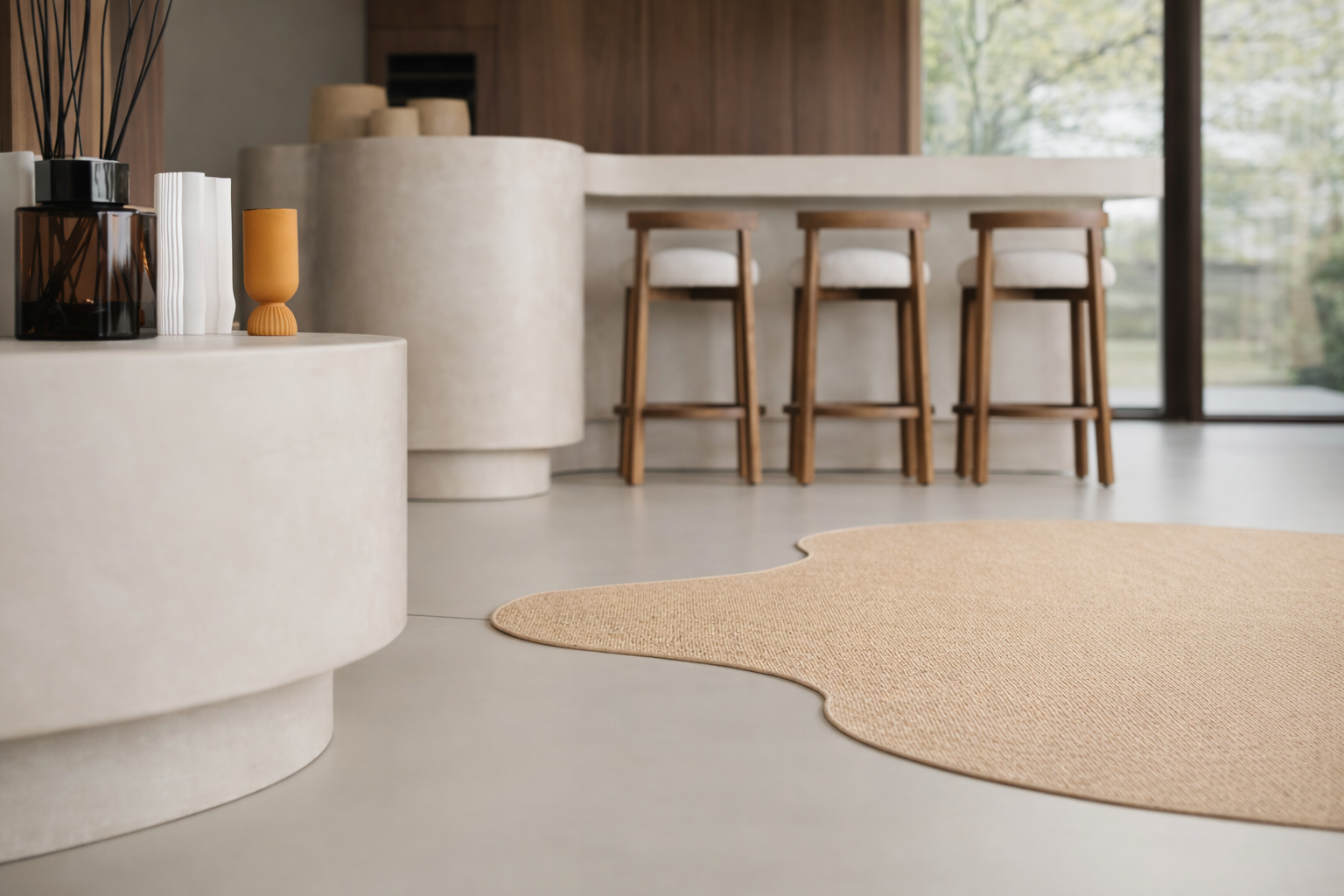 Modern interior with a beige rug, a cream-colored stage or counter with vases and decor items, and wooden bar stools near a large window showing trees outside.