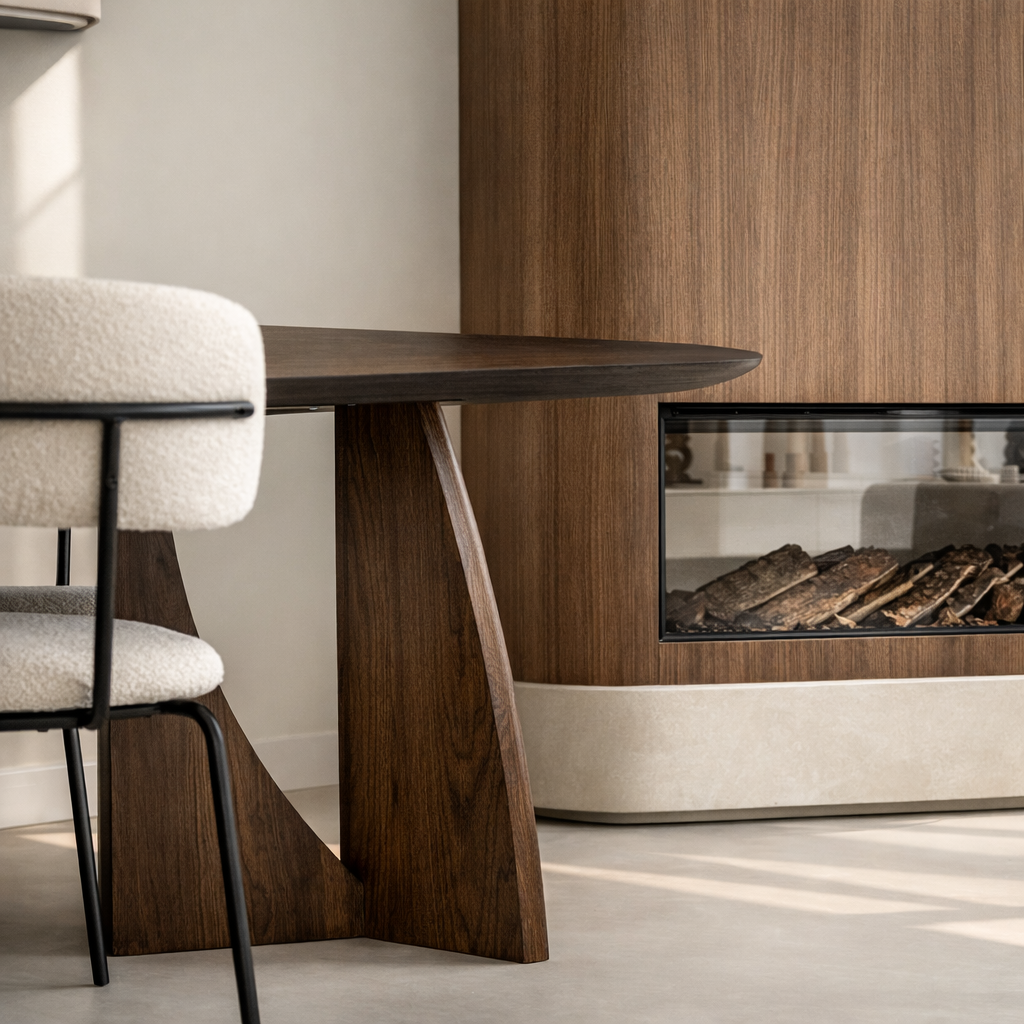 Close-up of a modern wood dining table and a light-colored chair with black metal legs near a fireplace with logs.