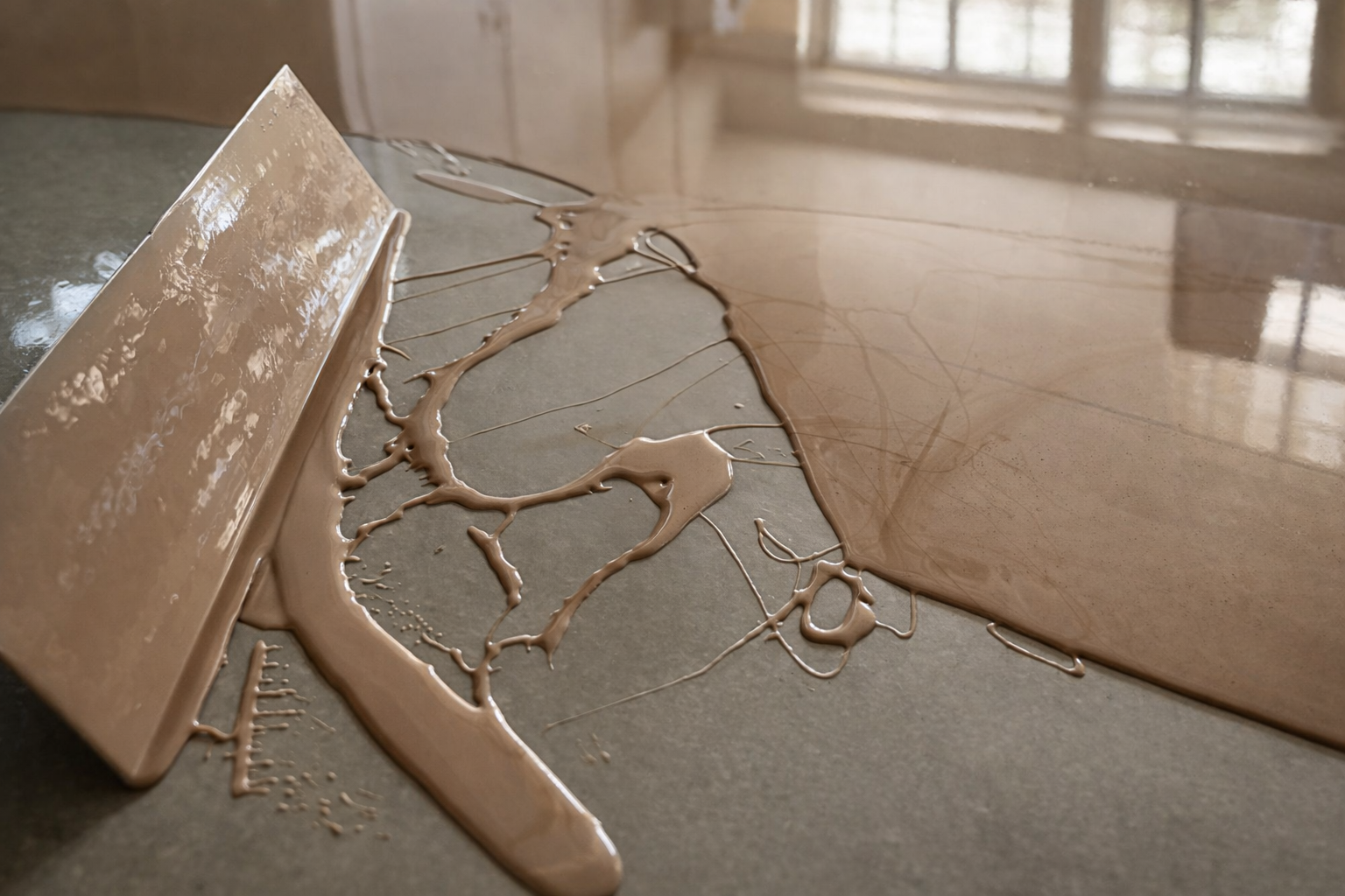 A spatula spreading wet chocolate on a flat surface.