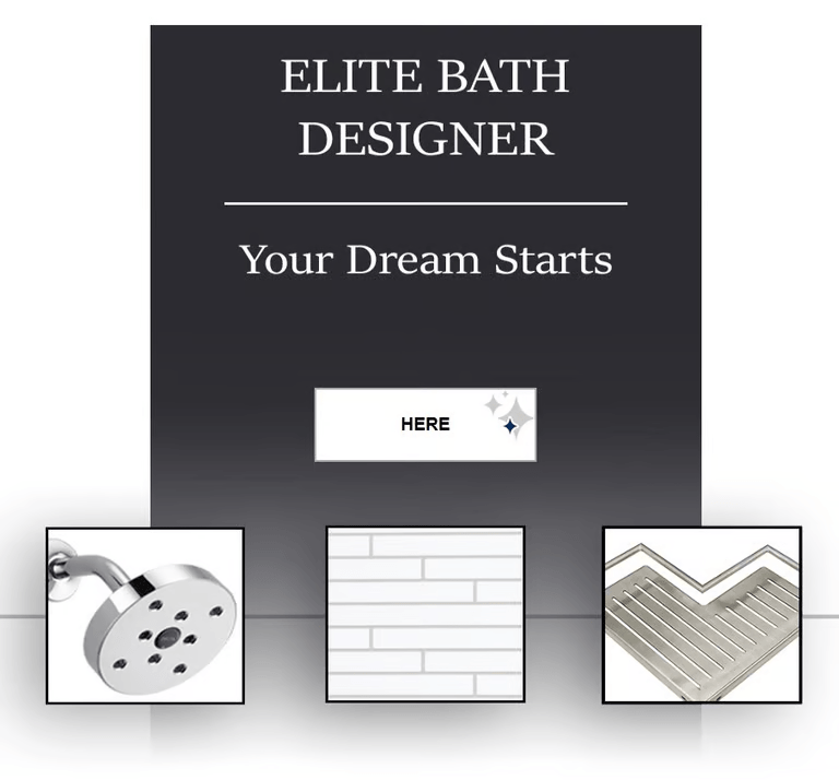 Advertisement for Elite Bath Designer with the slogan "Your Dream Starts" and images of a showerhead, tiles, and corner shelves.