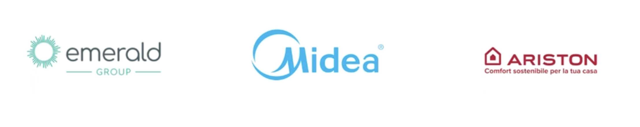 Logos of Emerald Group, Midea, and Ariston on a white background.