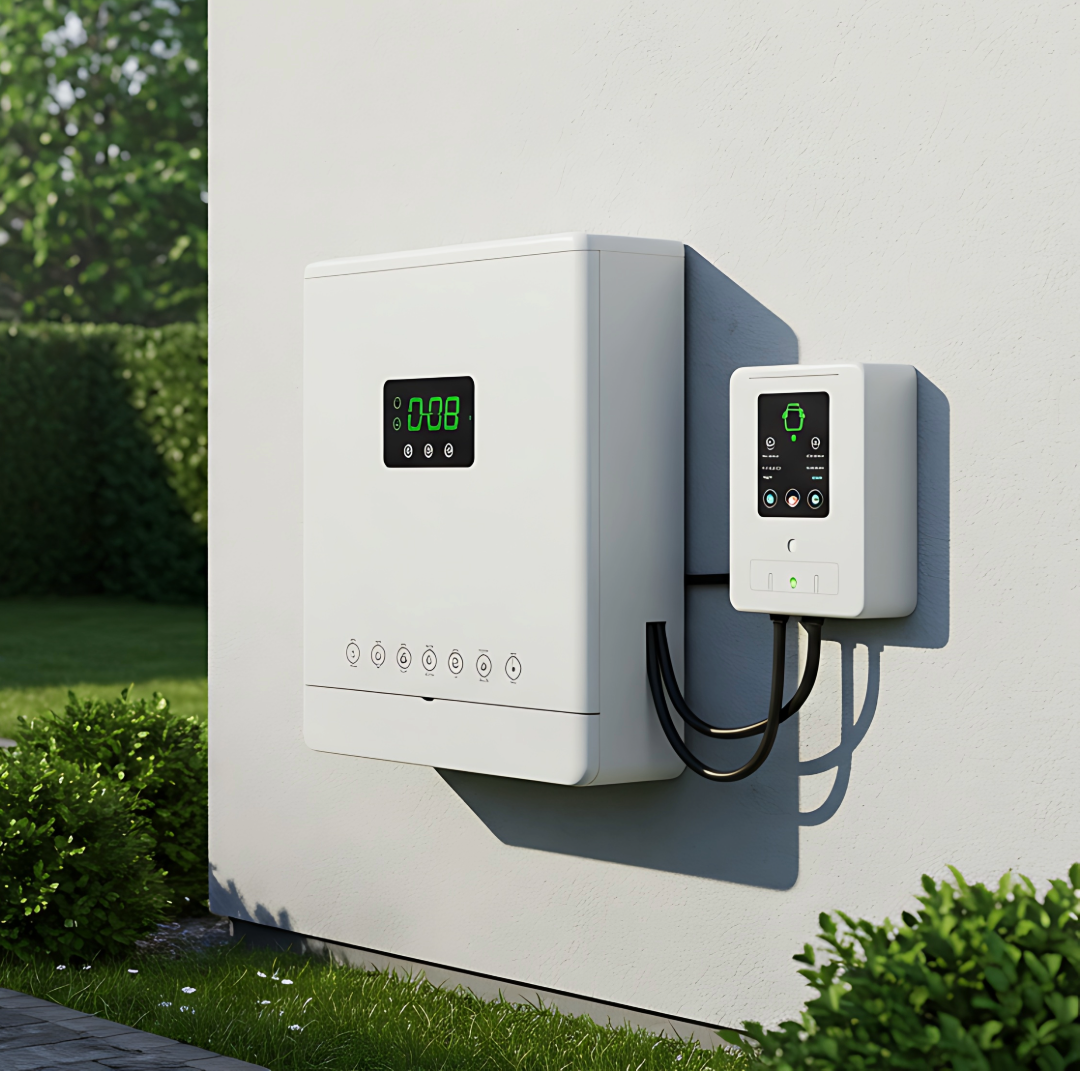 Two electric vehicle charging stations outdoors on a white wall, with a green lawn and bushes in the background.