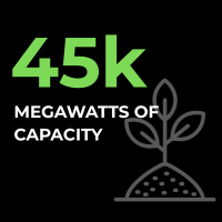 Green text reading '45k' with white text below that says 'Megawatts of Capacity' and a simple line drawing of a growing plant in a soil mound.