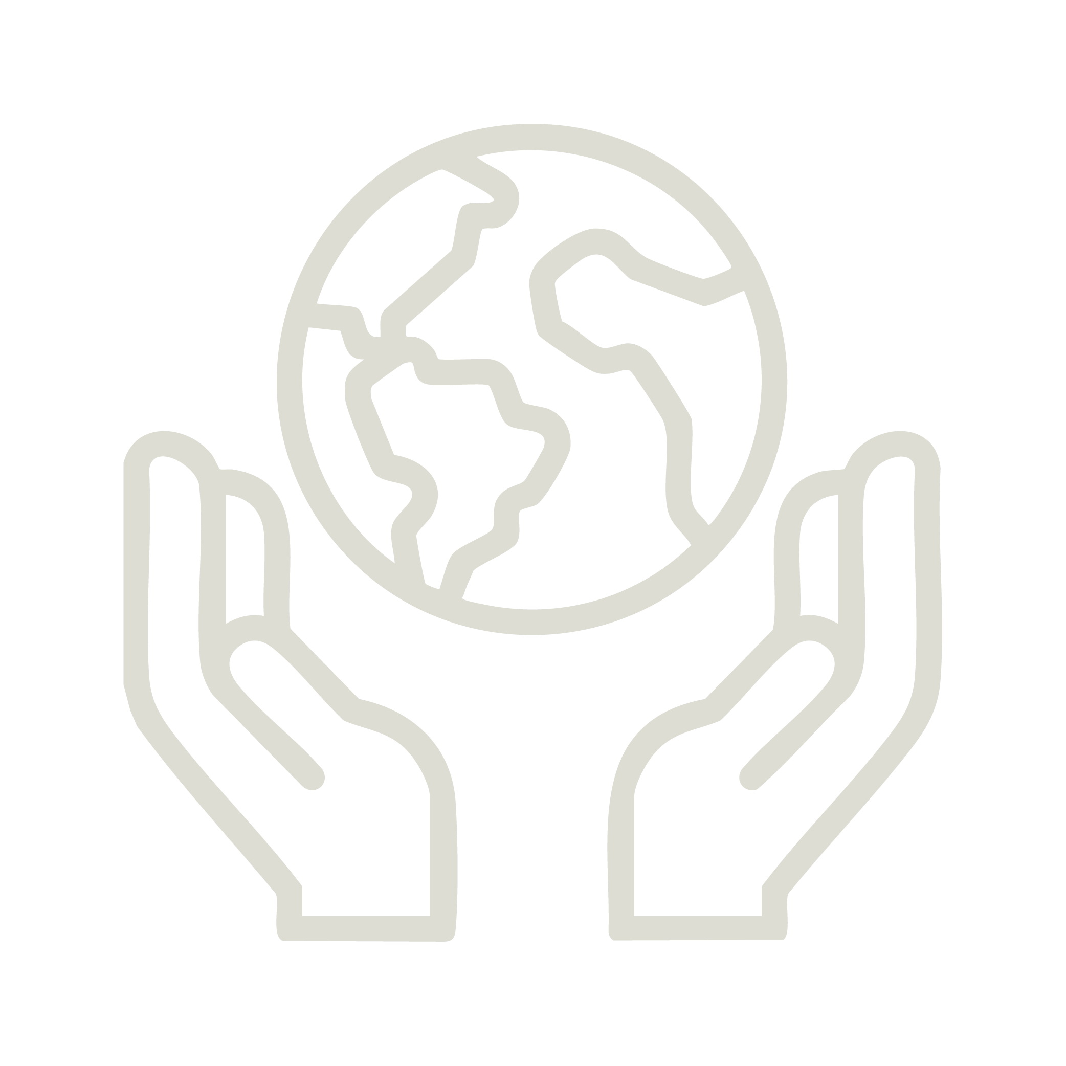 Outline of two hands holding a globe representing environmental care and sustainability.