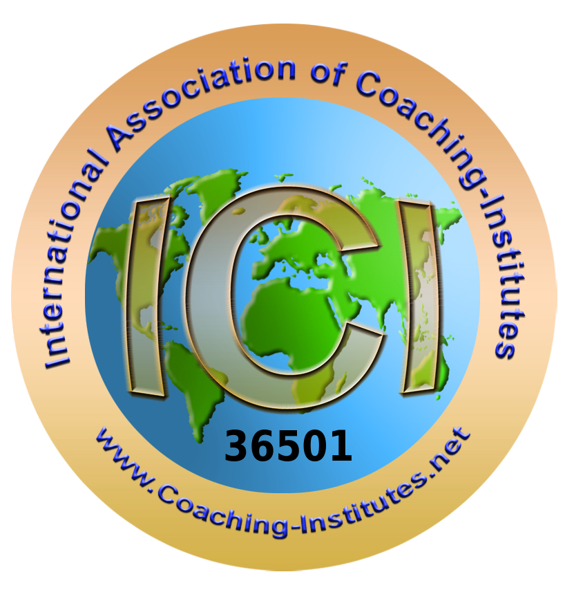 Logo der International Coaching Institutes mit einer Weltkarte im Hintergrund und der Nummer 36501 darunter.