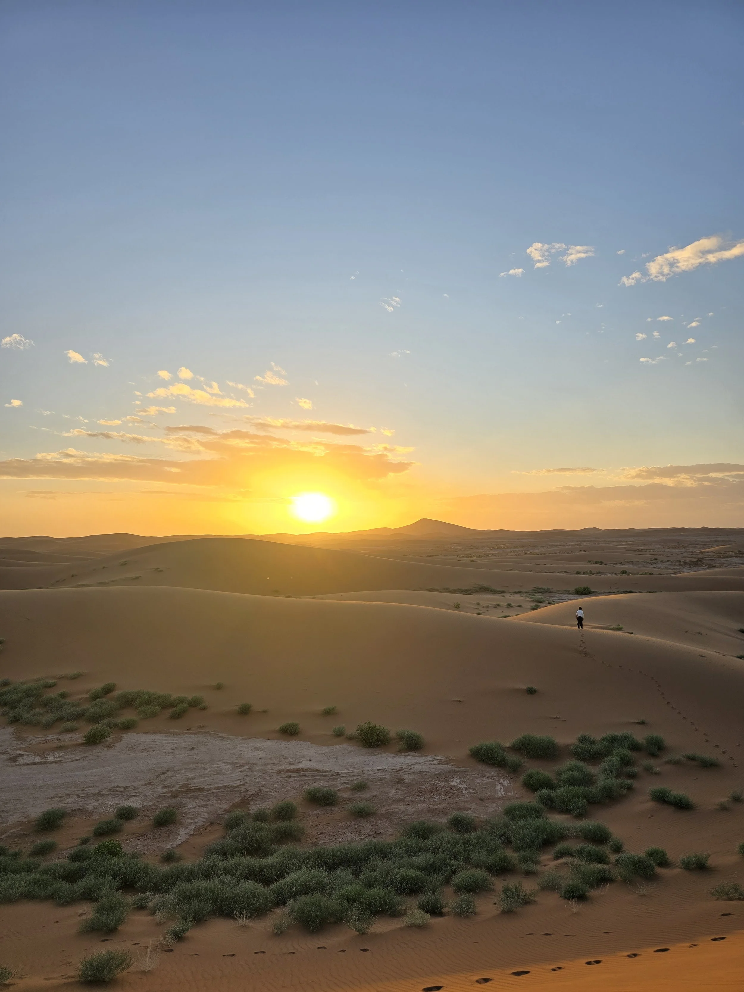 Sonnenuntergang über einer Wüstenlandschaft mit Sanddünen und einigen grünen Pflanzen, jemand läuft entlang einer Düne.